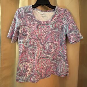 Talbots Women’s Medium Paisley Print Short Sleeve Top Colorful Scoop Neck